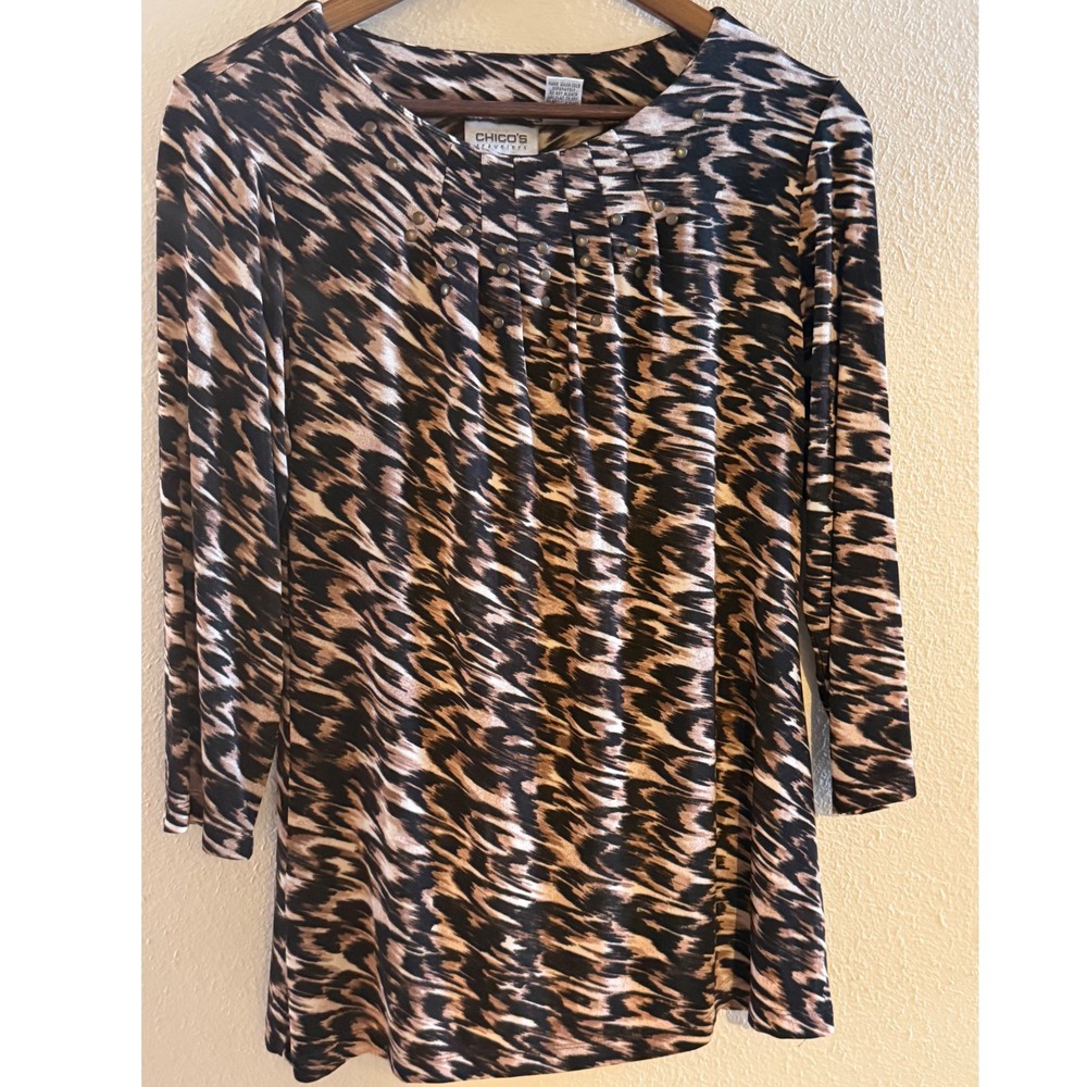 Chicos Travelers Animal Print Studded Pleated Neck Top Brown Black Size 1 M